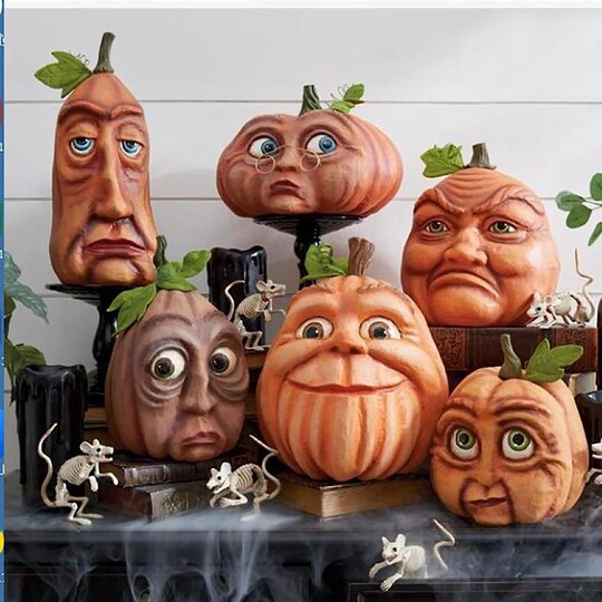 Greentek; 6 Pcs Expressive Pumpkin Lantern Ornaments, Halloween Pumpkin Family Figurines with Lifelike Faces & Glowing Yellow Eyes, Resin Tabletop Decorations for Haunted House, Bar, Party, Home, Indoor & Venue Decor; Category:Pumpkin Decor; Image:1